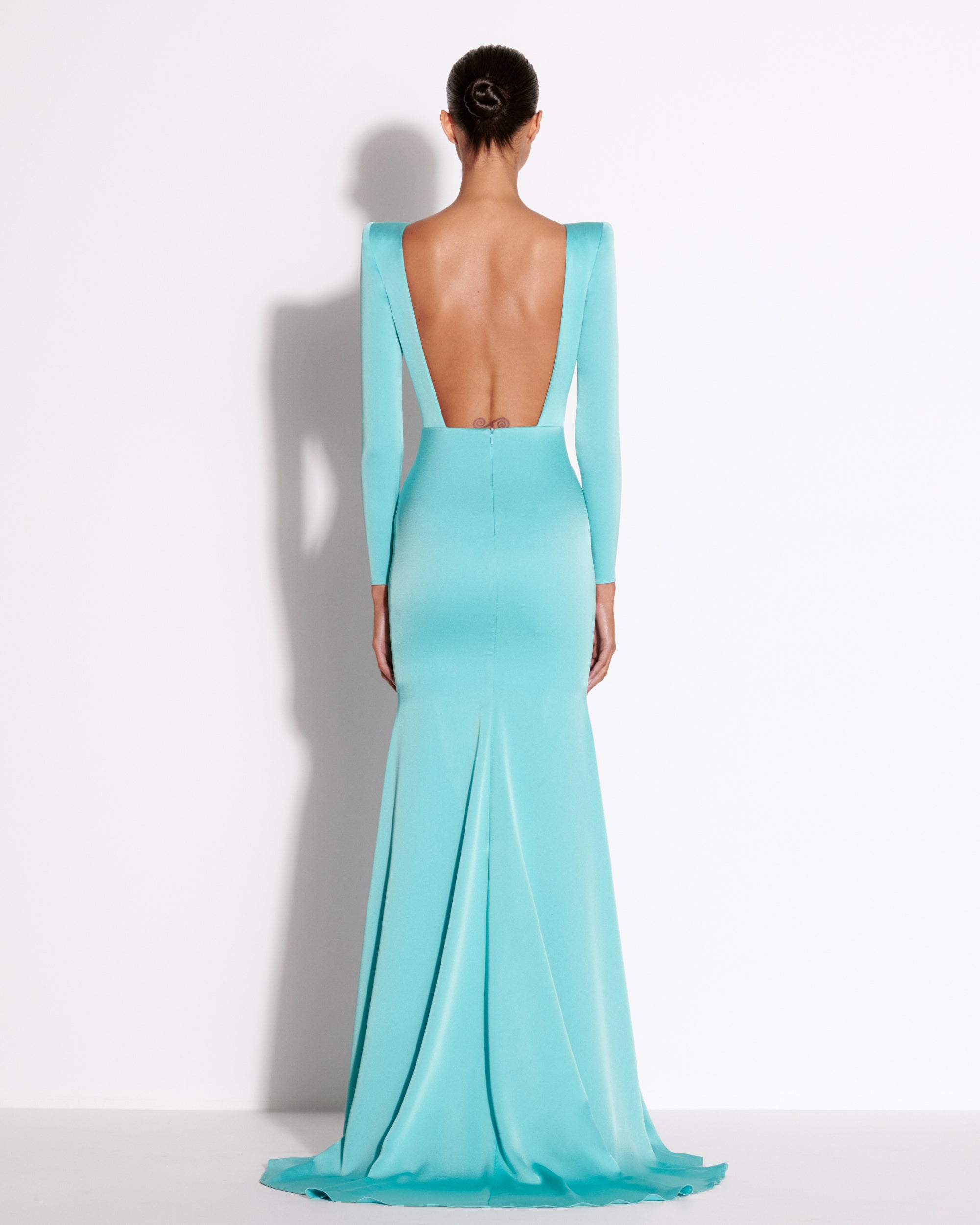 Long Sleeve Open Back Gown in Satin Crepe Alex Perry