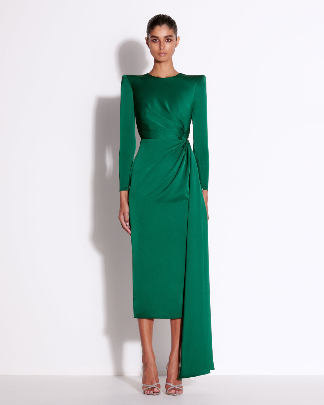 Long Sleeve Twist Dress in Satin Crepe