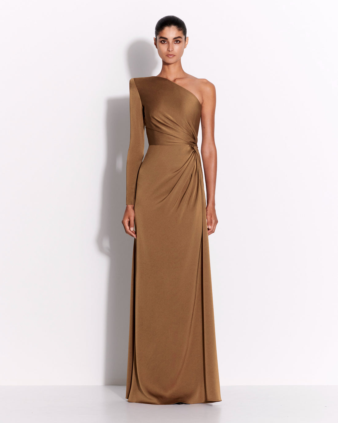 One Sleeve Twist Gown in Satin Crepe
