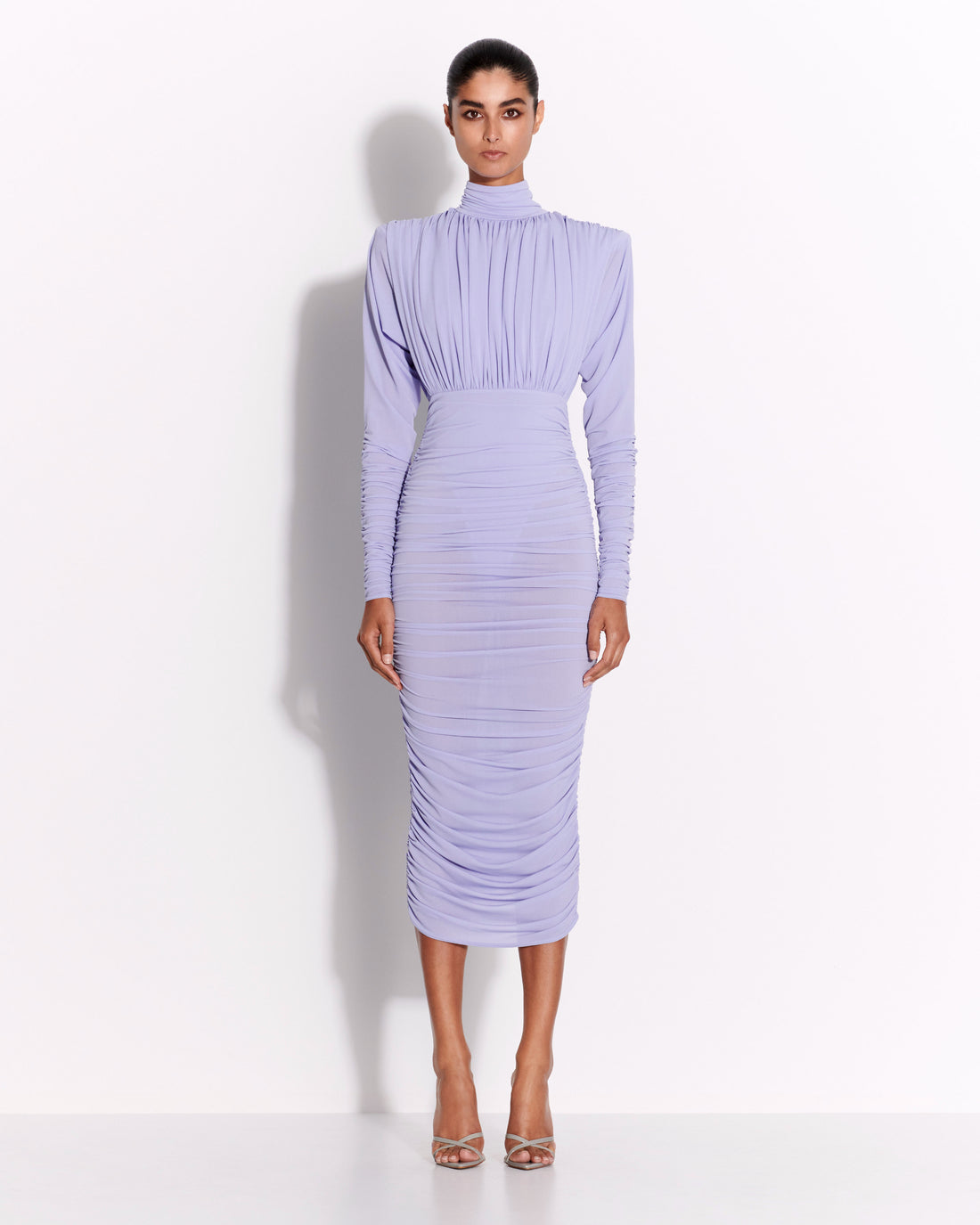 Ruched Turtleneck Dress in Crepe Jersey