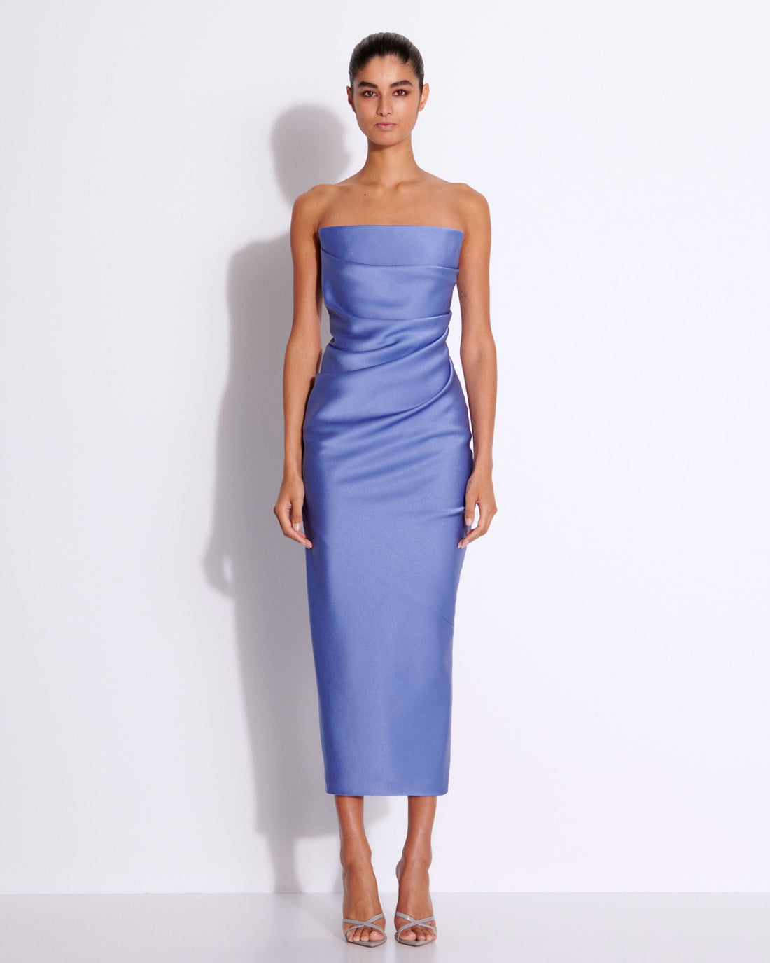 Strapless Draped Dress in Satin Crepe