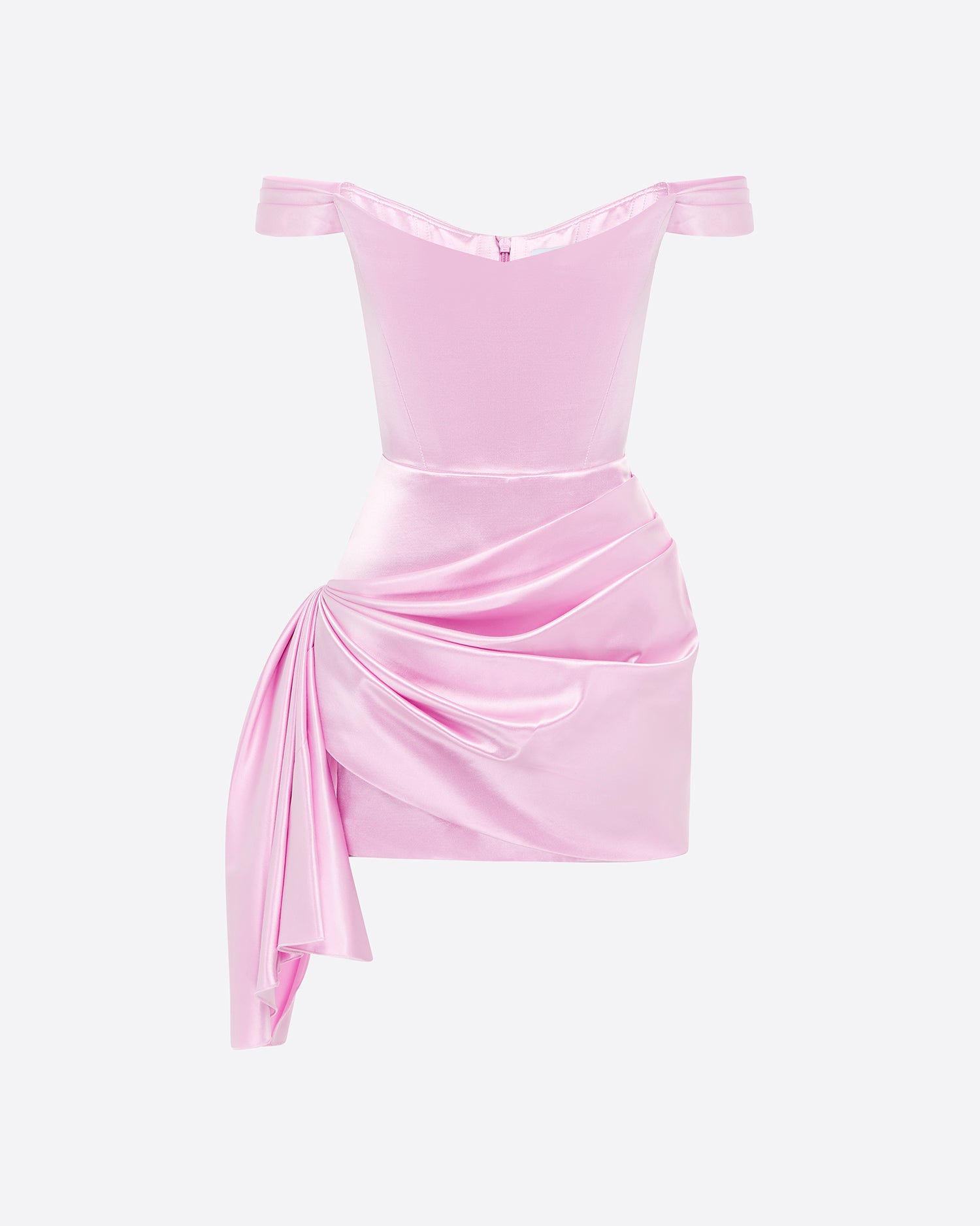 Off Shoulder Draped Mini Dress in Duchess Satin