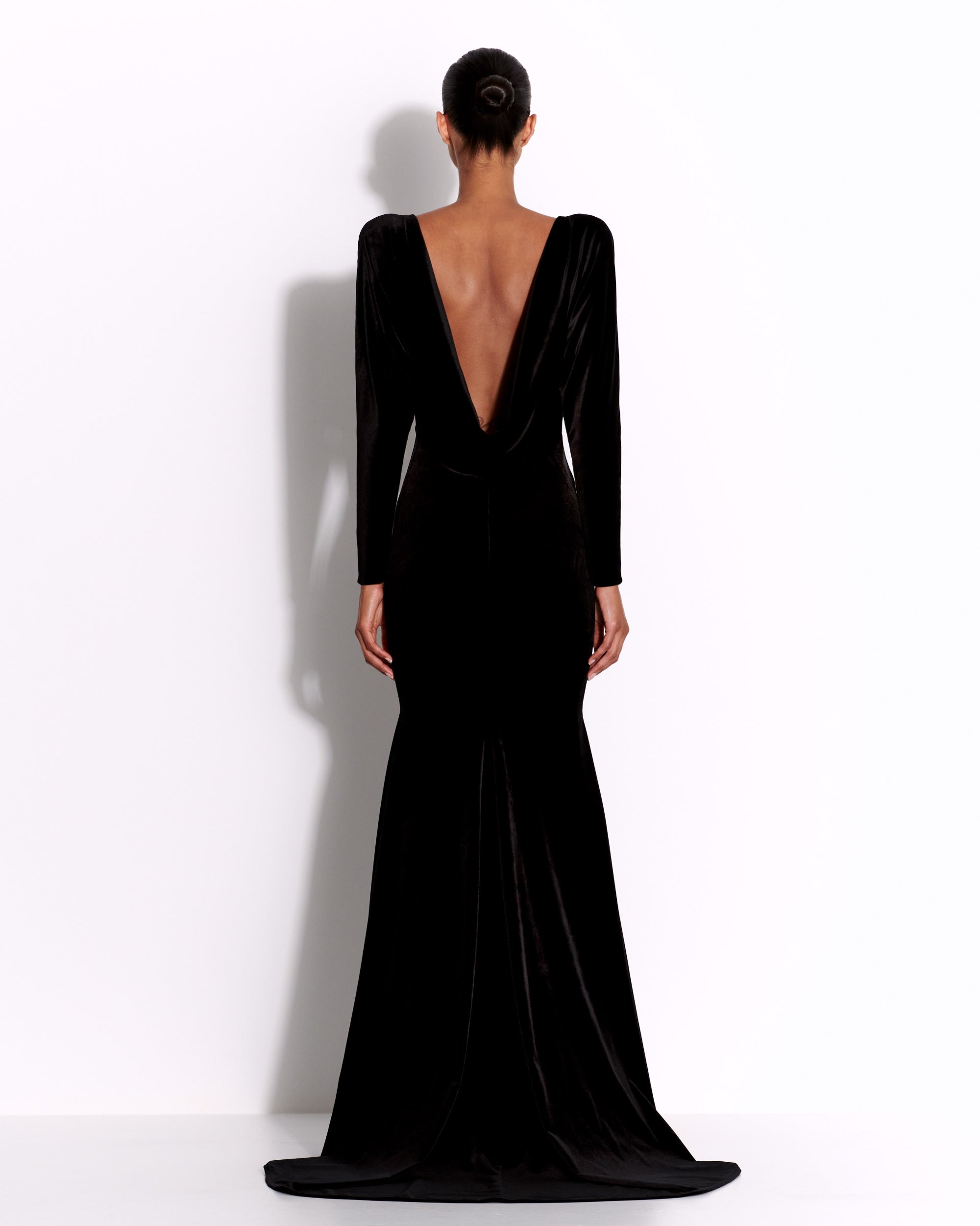 Long Sleeve Open Back Gown in Velvet Alex Perry