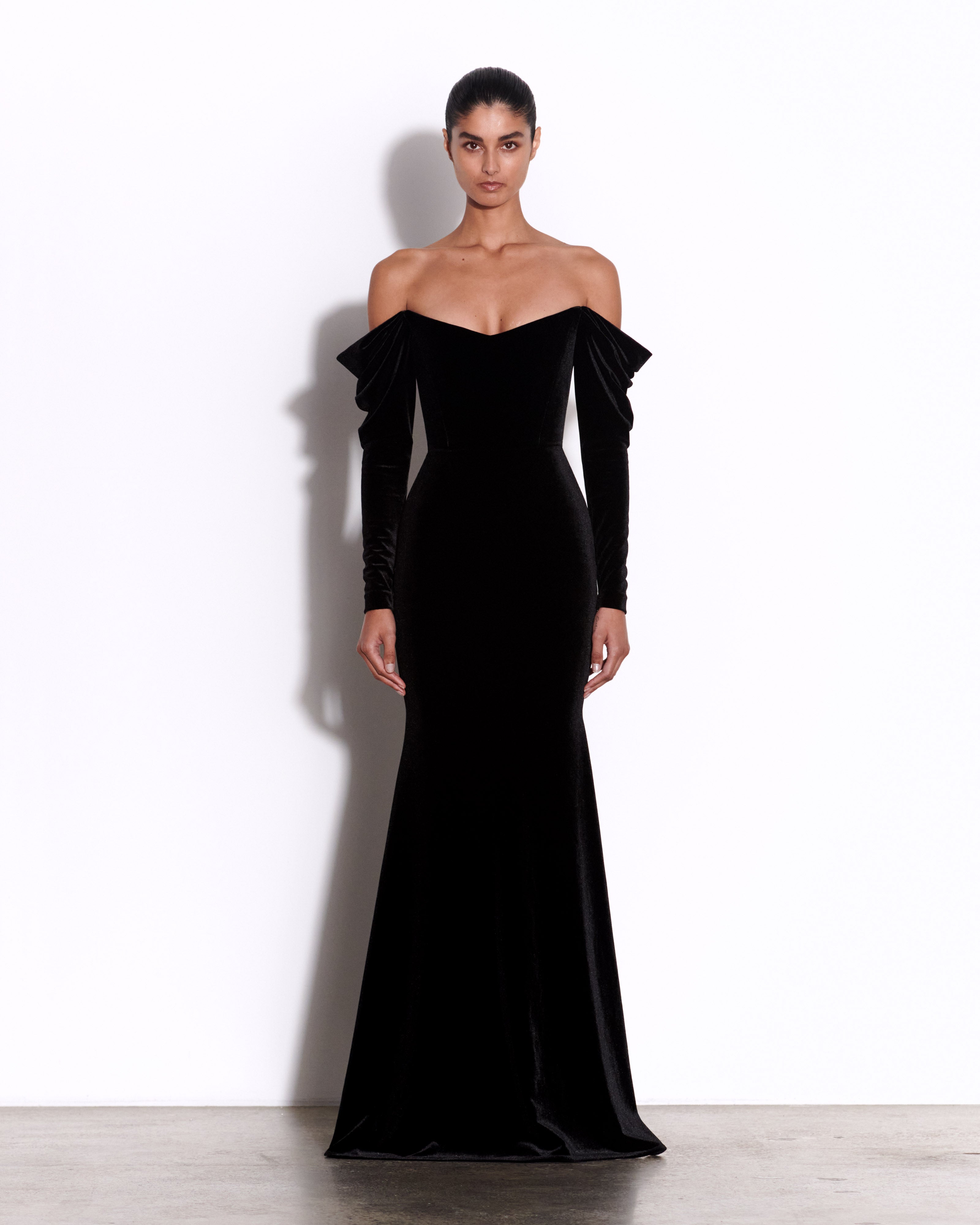 Long Sleeve Off Shoulder Gown in Velvet