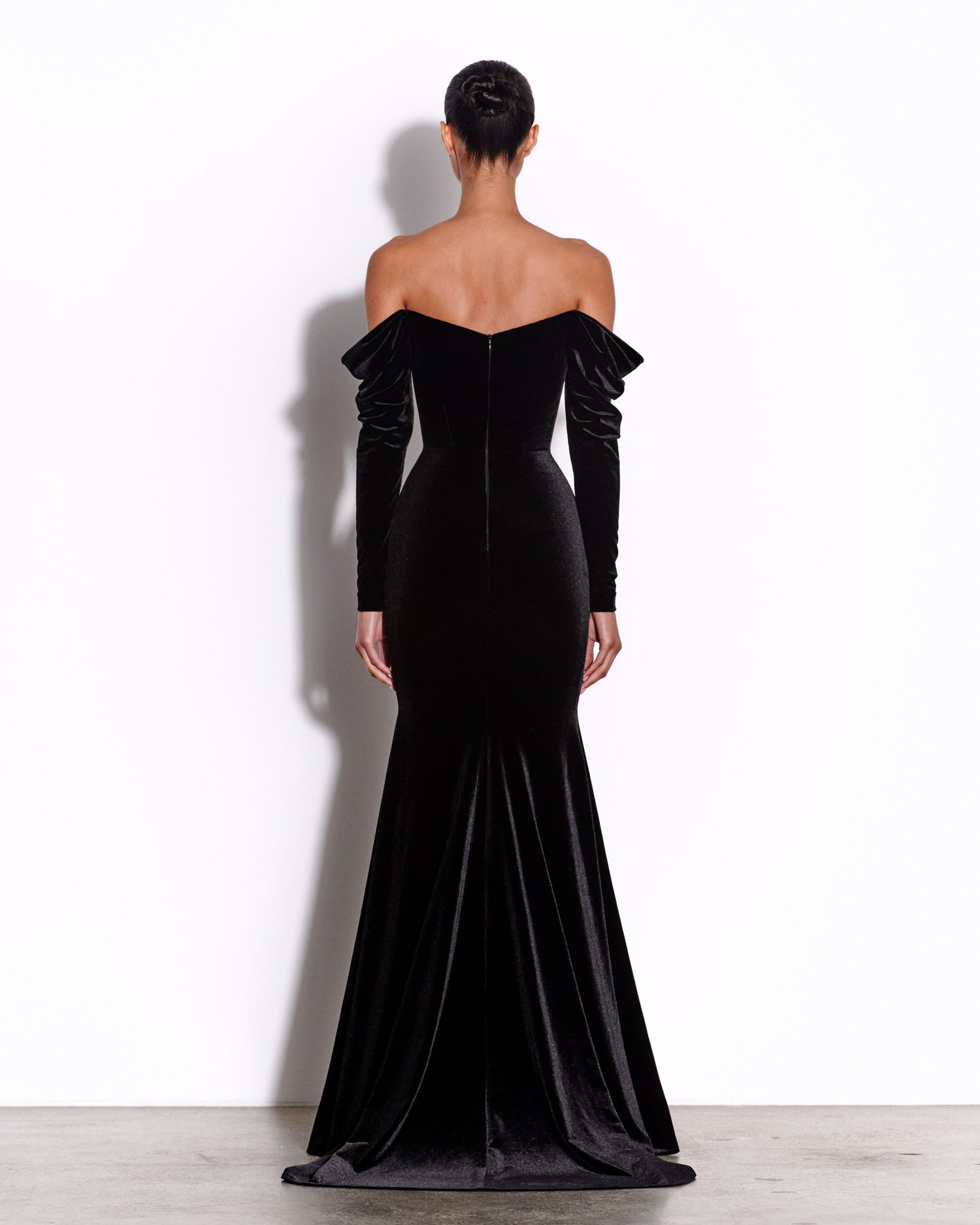 Long Sleeve Off Shoulder Gown in Velvet