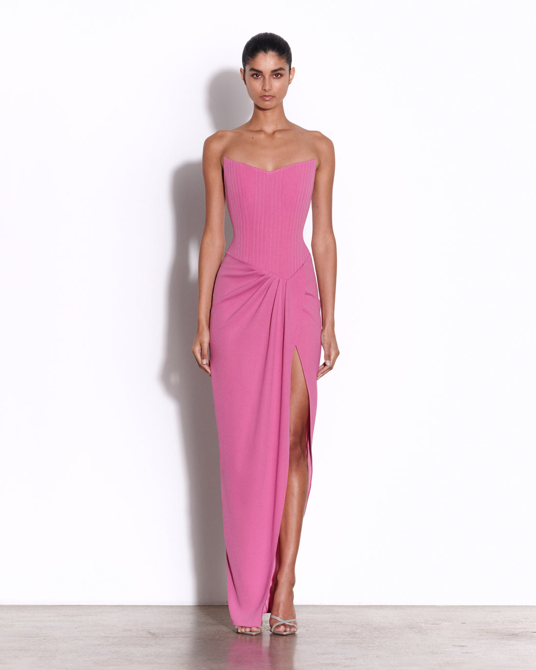 Strapless Corset Asymmetrical Drape Gown in Crepe