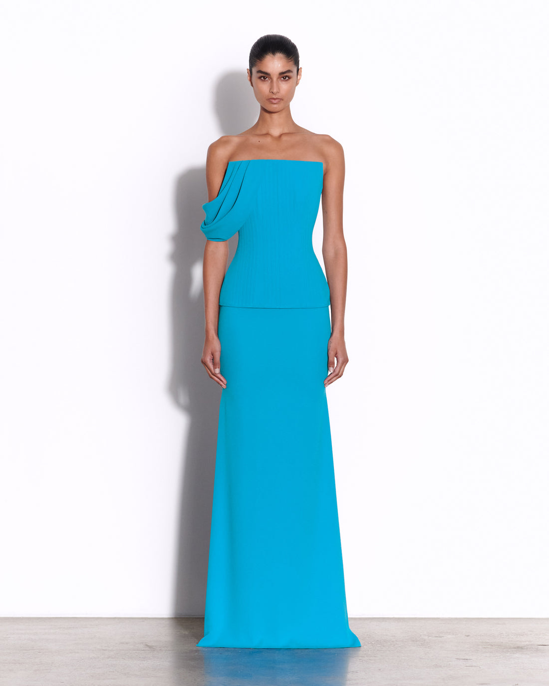 Draped Sleeve Longline Corset Gown in Crepe