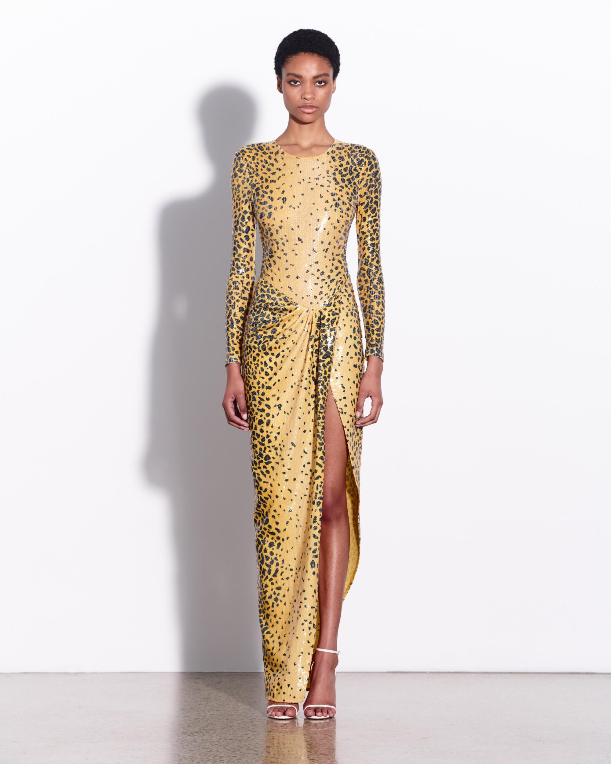 Long Sleeve Asymmetric Wrap Gown in Sequin