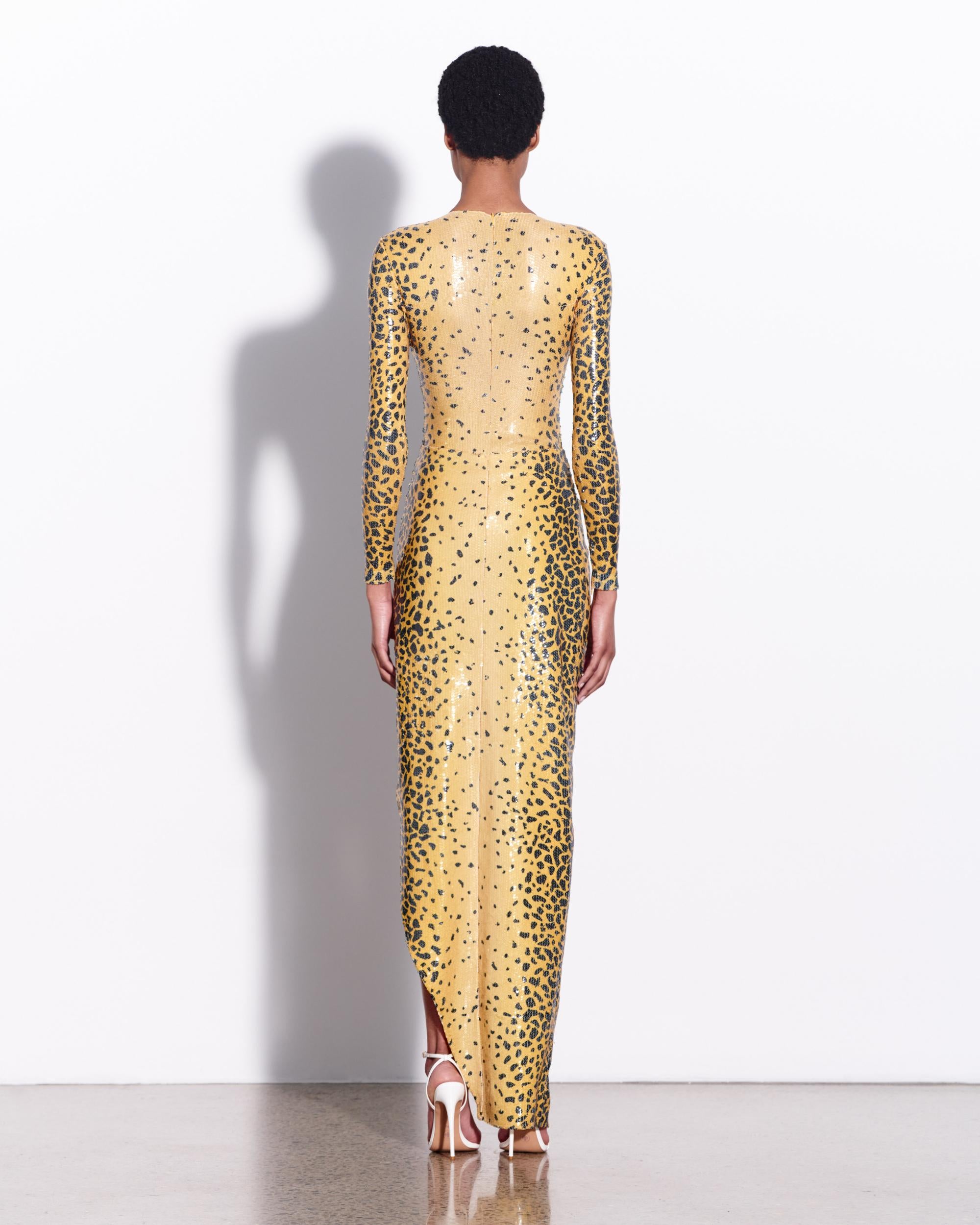 Long Sleeve Asymmetric Wrap Gown in Sequin