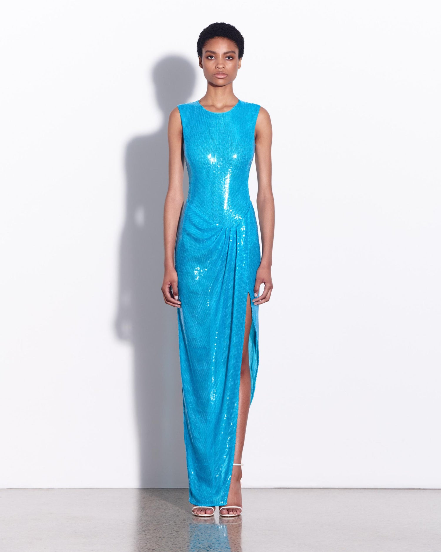 Sleeveless Asymmetric Wrap Gown in Sequin