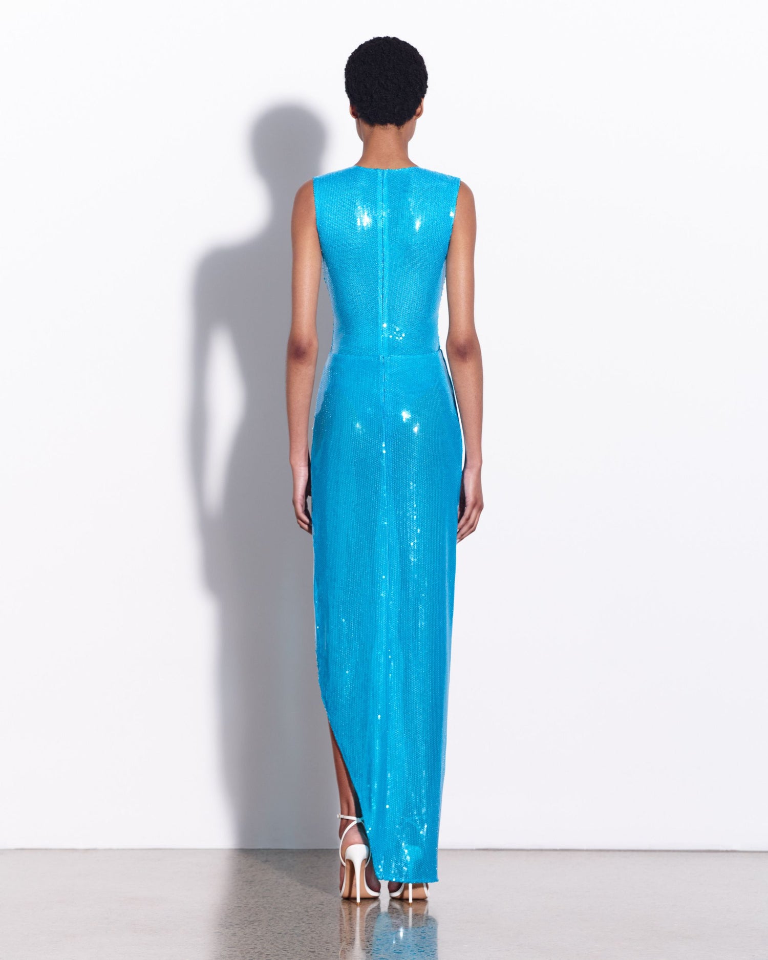 Sleeveless Asymmetric Wrap Gown in Sequin