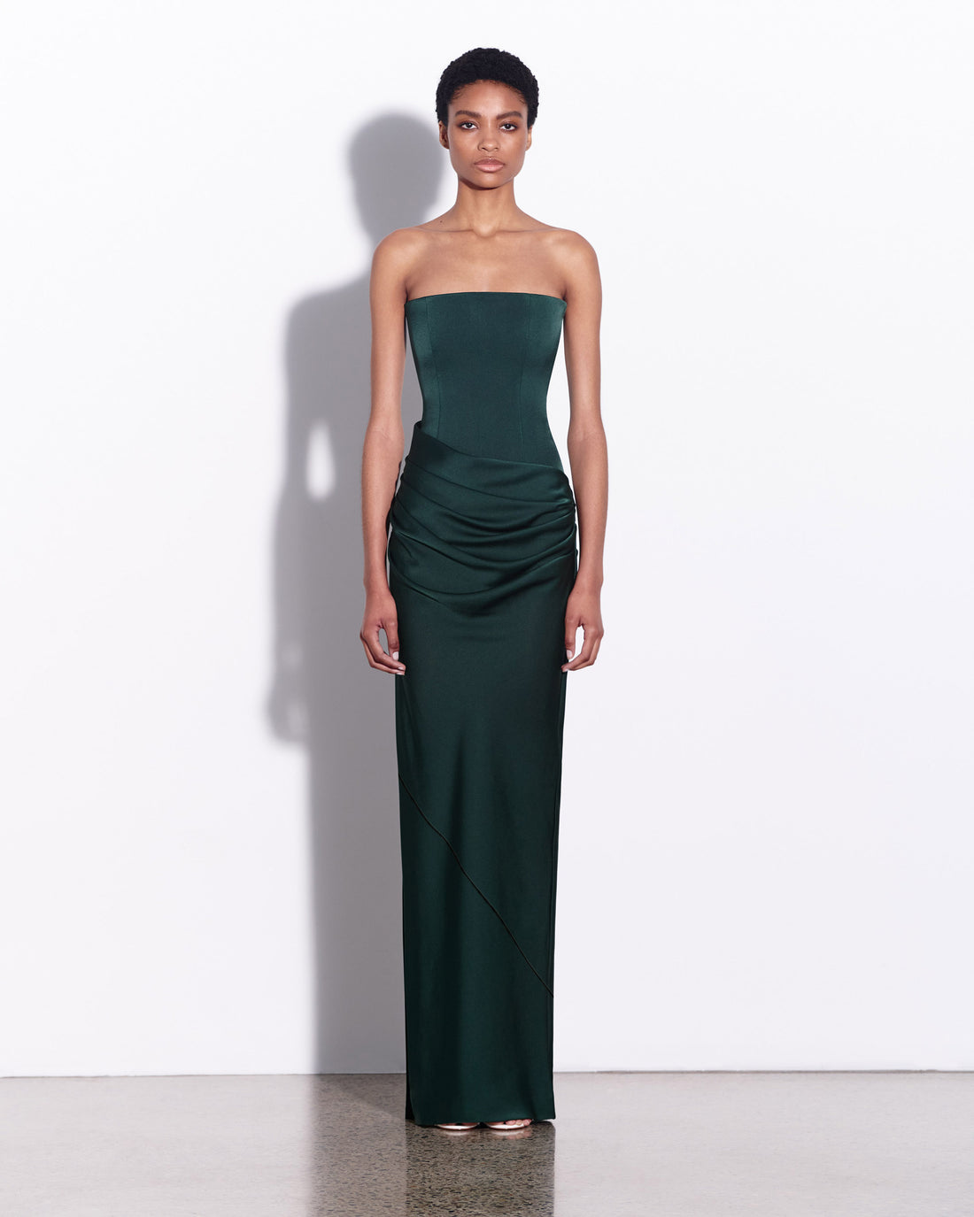 Strapless Longline Draped Column in Satin Crepe