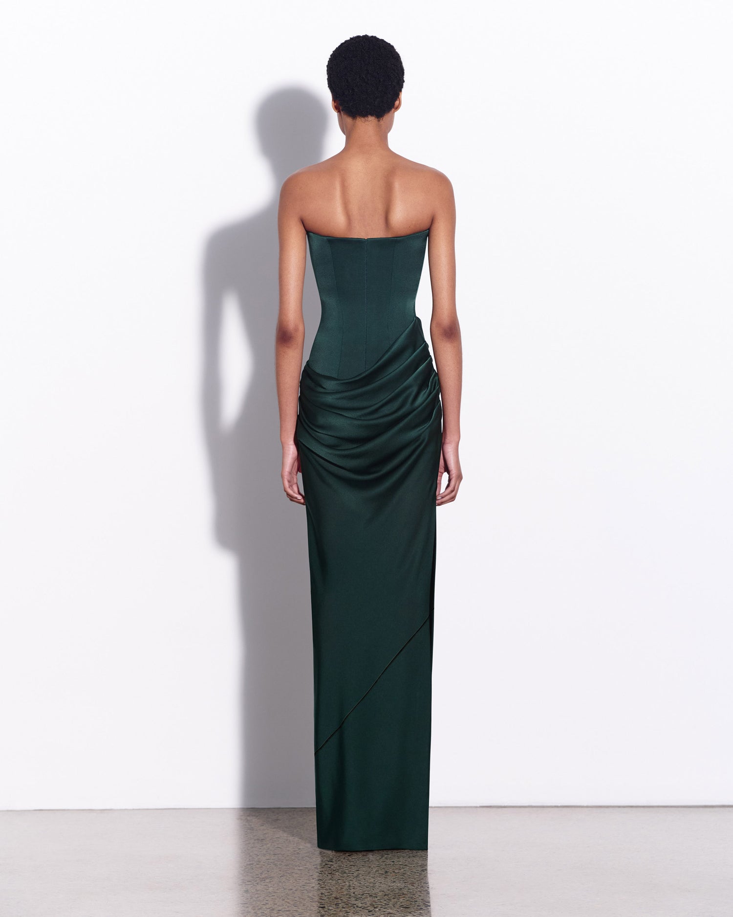 Strapless Longline Draped Column in Satin Crepe