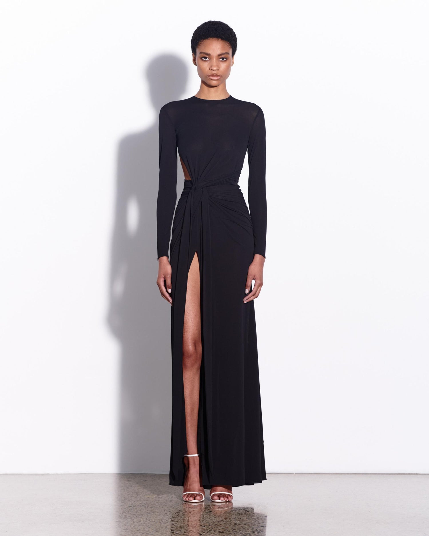 Long Sleeve Cut Out Twist Gown in Crepe Jersey