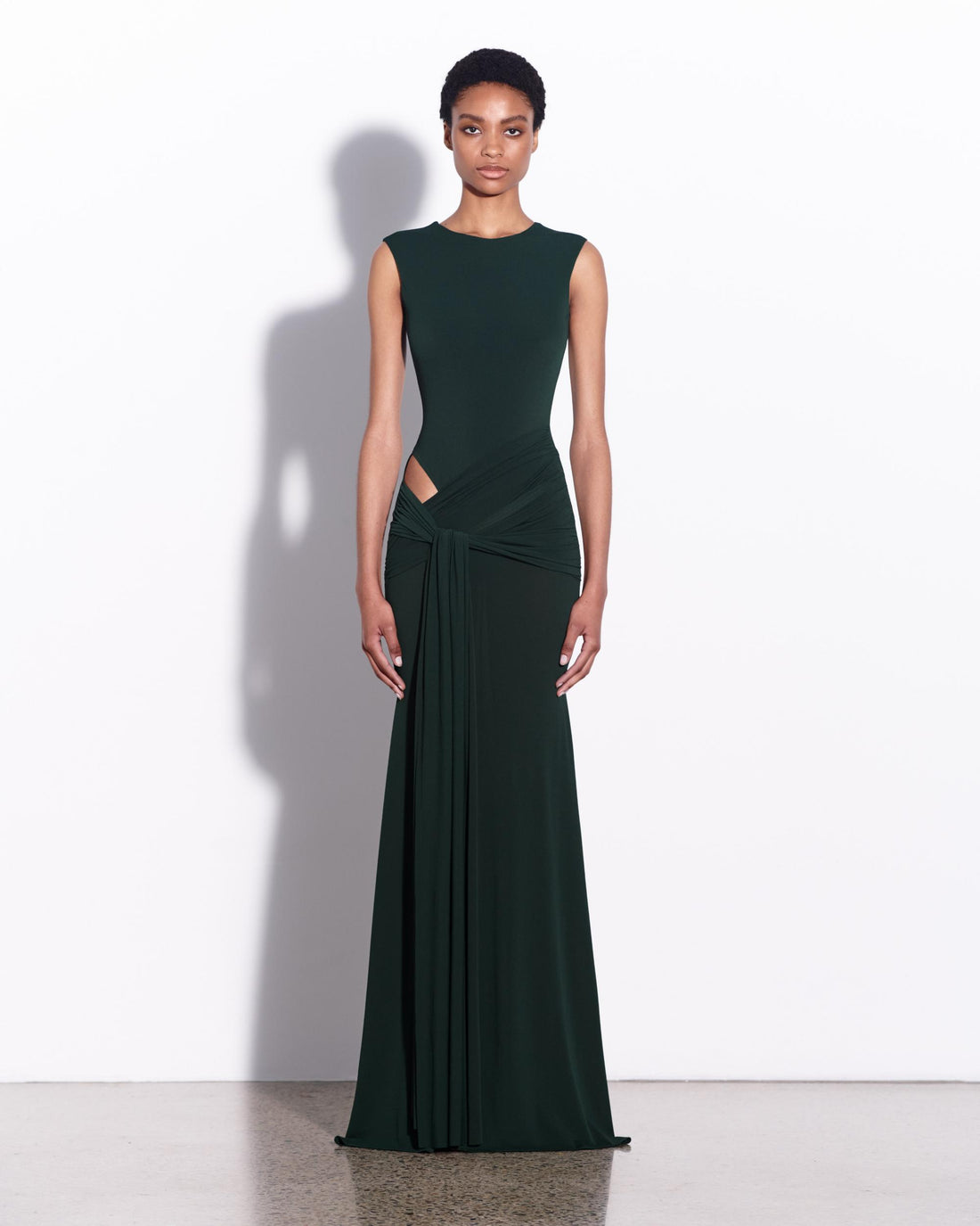 Sleeveless Cut Out Wrap Gown in Crepe Jersey