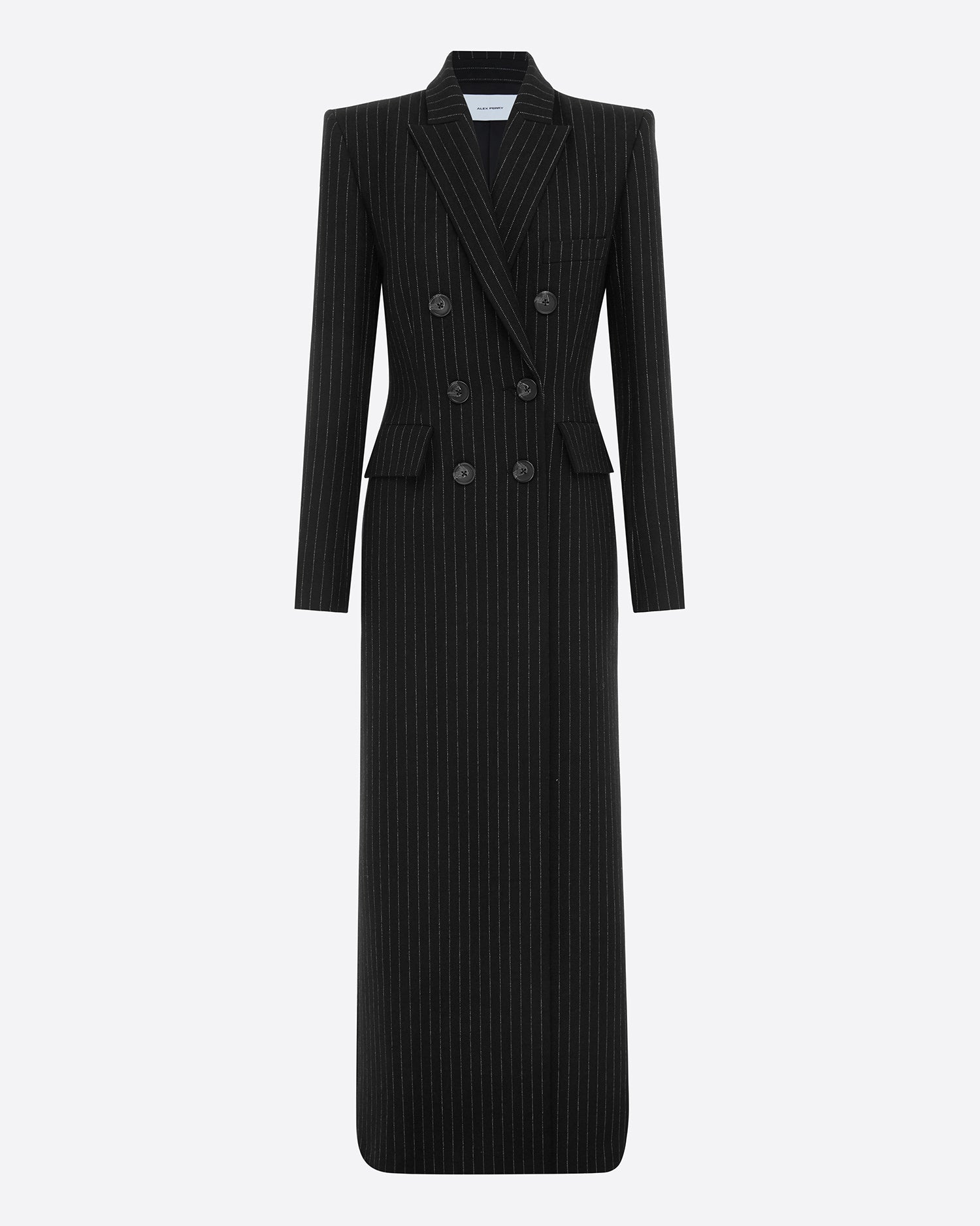 Double Breasted Fitted Coat in Wool Pinstripe
